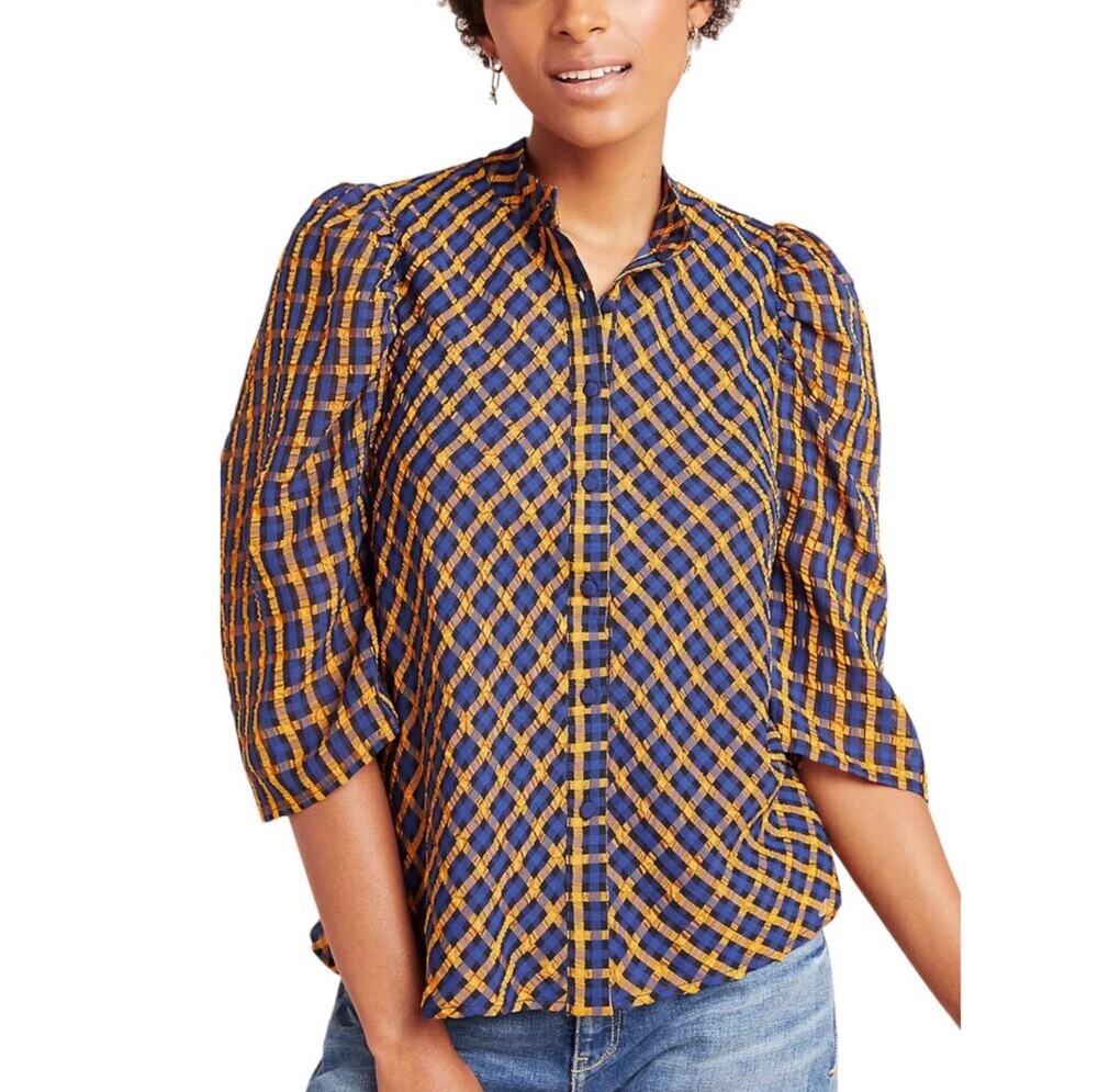 Eva Franco Anthropologie Textured Plaid Blouse Size 0 Blue Puff Sleeve  Button